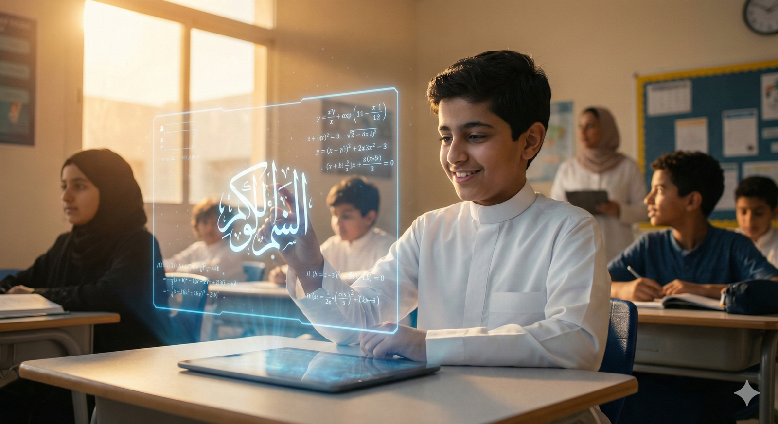 An Emirati student using a tablet with an Arabic AI interface in a modern classroom setting