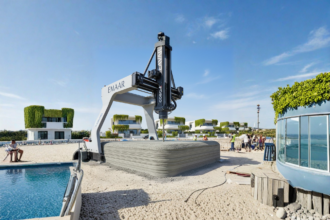 A robotic 3D printer arm layering concrete on a luxury villa in Dubai South, with completed futuristic white villas in the background under a blue sky.