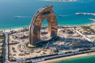 A panoramic view of Al Marjan Island in 2026, showing the nearly complete Wynn Resort tower dominating the skyline, surrounded by new luxury construction cranes and sparkling blue water.