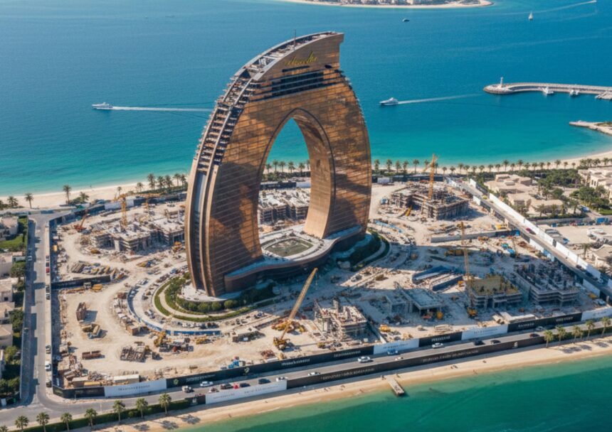 A panoramic view of Al Marjan Island in 2026, showing the nearly complete Wynn Resort tower dominating the skyline, surrounded by new luxury construction cranes and sparkling blue water.