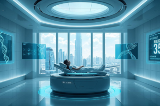 A futuristic medical suite in Dubai Healthcare City where a patient is undergoing a 3D full-body biological age scan, with data projected on holographic screens.