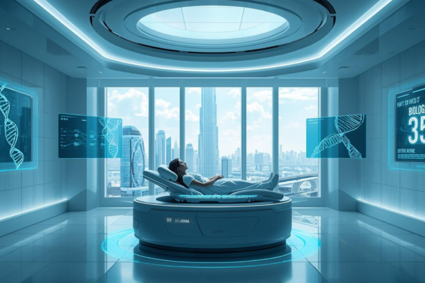 A futuristic medical suite in Dubai Healthcare City where a patient is undergoing a 3D full-body biological age scan, with data projected on holographic screens.