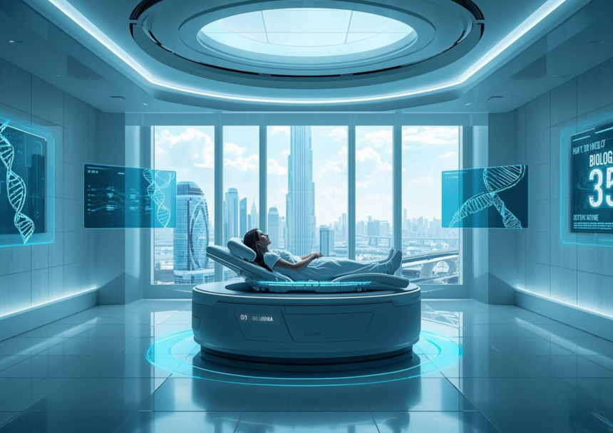 A futuristic medical suite in Dubai Healthcare City where a patient is undergoing a 3D full-body biological age scan, with data projected on holographic screens.