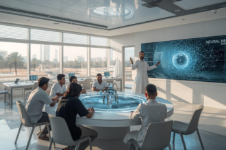 A classroom of diverse students in a UAE government school working on a robotics project under the new UAE AI curriculum schools 2026 mandate.