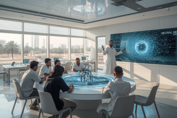 A classroom of diverse students in a UAE government school working on a robotics project under the new UAE AI curriculum schools 2026 mandate.