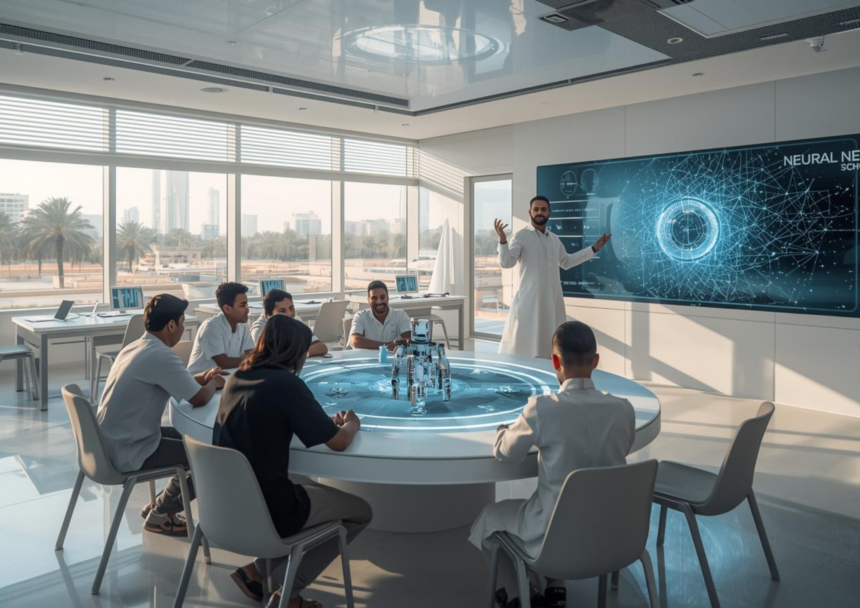 A classroom of diverse students in a UAE government school working on a robotics project under the new UAE AI curriculum schools 2026 mandate.