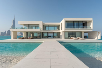 A photorealistic exterior shot of a contemporary "Coral Collection" show villa on Palm Jebel Ali in early 2026, featuring floor-to-ceiling glass, a private infinity pool, and the Dubai skyline in the distance.