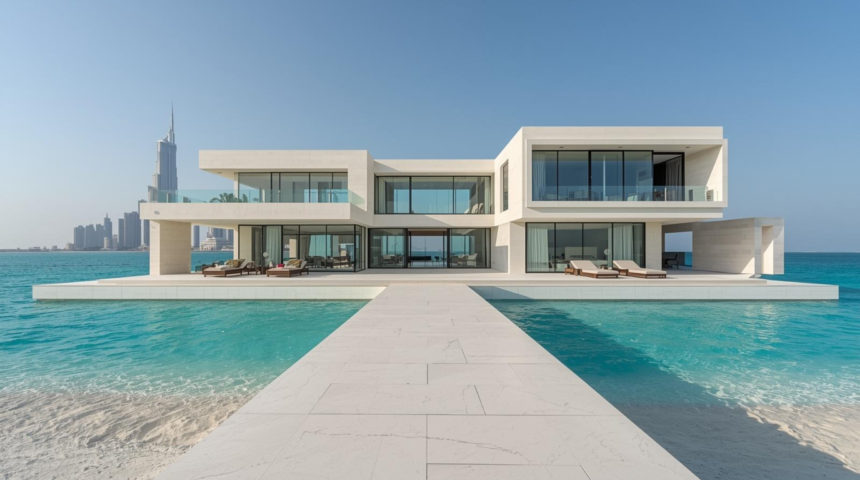 A photorealistic exterior shot of a contemporary "Coral Collection" show villa on Palm Jebel Ali in early 2026, featuring floor-to-ceiling glass, a private infinity pool, and the Dubai skyline in the distance.