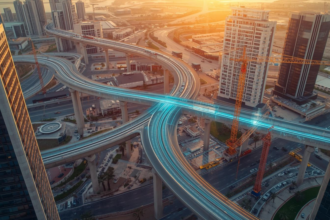 A detailed construction view of the Dubai Metro Blue Line map 2026 route passing through Silicon Oasis.