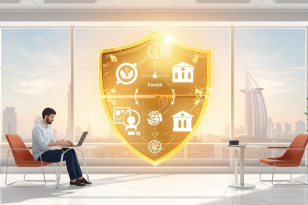 A diverse group of freelancers working in a Dubai co-working space, with a holographic shield icon protecting them, symbolizing the new 2026 social security laws.