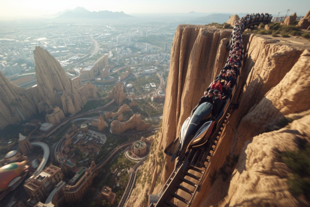 A thrilling point-of-view shot of the Six Flags Qiddiya Falcon's Flight review, showing the coaster train diving 195 meters down the Tuwaiq mountain cliff face.