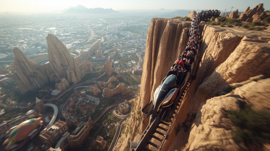 A thrilling point-of-view shot of the Six Flags Qiddiya Falcon's Flight review, showing the coaster train diving 195 meters down the Tuwaiq mountain cliff face.
