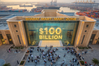 The grand opening ceremony of 'Bharat Mart' in Jebel Ali in 2026, showing the massive facility with Indian and UAE flags flying side by side and cargo drones taking off in the background.