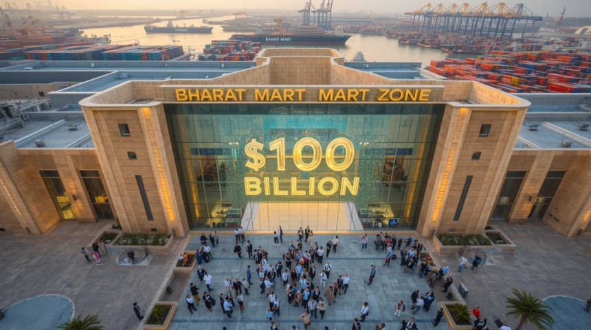 The grand opening ceremony of 'Bharat Mart' in Jebel Ali in 2026, showing the massive facility with Indian and UAE flags flying side by side and cargo drones taking off in the background.