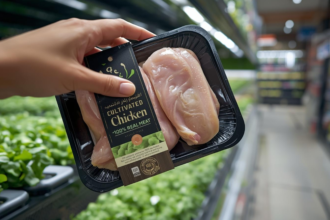 A shopper in an Abu Dhabi supermarket holding a package of Believer Meats cultivated chicken with a prominent 'Halal Certified' green label, set against a futuristic vertical farming background.