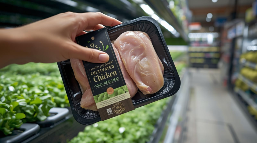 A shopper in an Abu Dhabi supermarket holding a package of Believer Meats cultivated chicken with a prominent 'Halal Certified' green label, set against a futuristic vertical farming background.