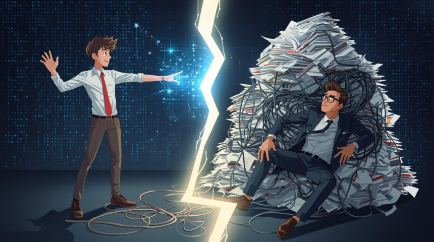 A conceptual illustration showing a young "AI Native" graduate manipulating a holographic algorithm while an older "AI Immigrant" professional struggles with traditional paperwork, separated by a digital chasm.
