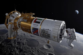 A digital rendering of the Emirates Airlock module docked to the NASA Lunar Gateway station, with an Emirati astronaut performing a spacewalk in 2026.