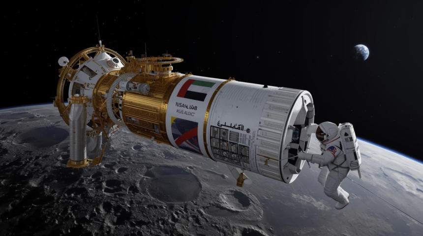 A digital rendering of the Emirates Airlock module docked to the NASA Lunar Gateway station, with an Emirati astronaut performing a spacewalk in 2026.