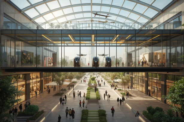 A futuristic view of the Dubai Square atrium where autonomous delivery pods are silently gliding on a dedicated logistics layer, while shoppers walk below in a garden setting.
