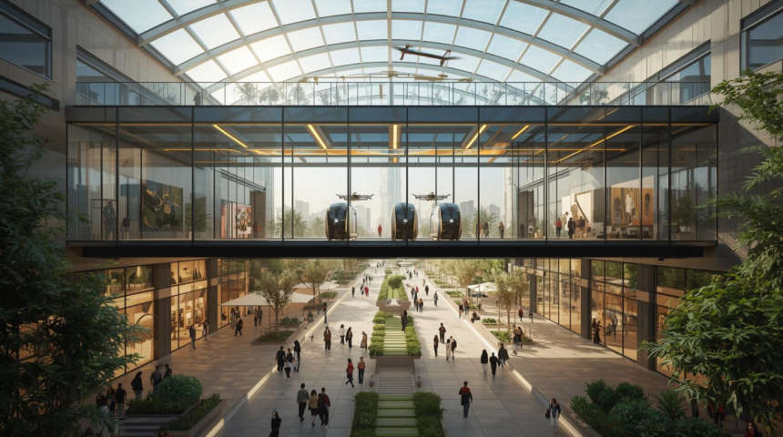 A futuristic view of the Dubai Square atrium where autonomous delivery pods are silently gliding on a dedicated logistics layer, while shoppers walk below in a garden setting.
