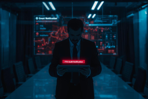 A high-contrast conceptual shot of a CFO reviewing a digital "Audit Notification" on a tablet, with the EmaraTax logo visible and a red "Flagged" icon in the background.