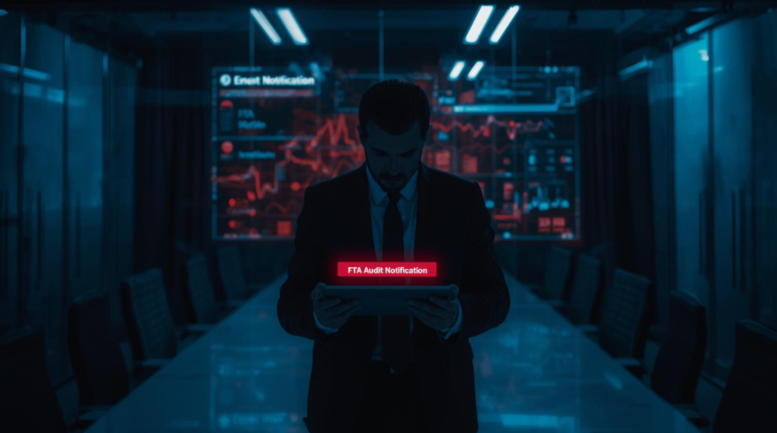 A high-contrast conceptual shot of a CFO reviewing a digital "Audit Notification" on a tablet, with the EmaraTax logo visible and a red "Flagged" icon in the background.