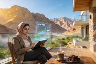 A young professional working remotely from a luxury cafe in Hatta mountains, utilizing UAE flexible work laws 2026 on a holographic laptop.