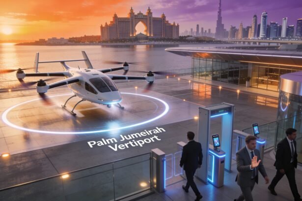 A futuristic Joby Aviation S4 air taxi landing silently at the Palm Jumeirah Vertiport at sunset, with passengers disembarking.