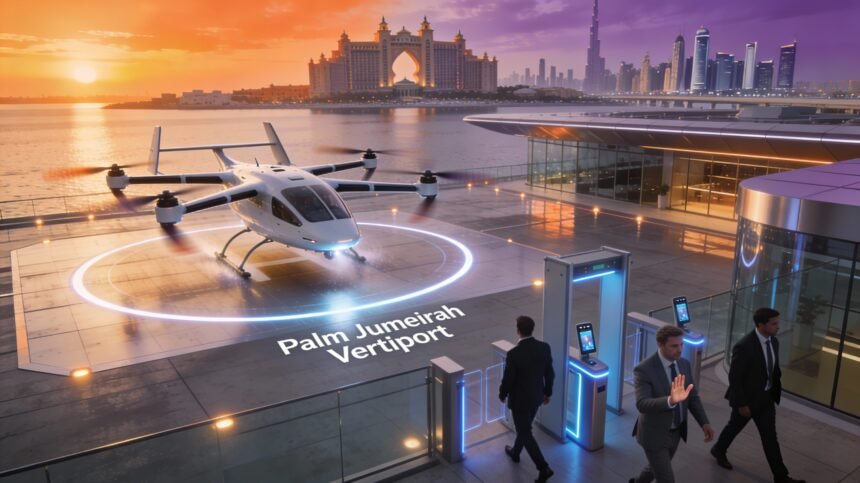 A futuristic Joby Aviation S4 air taxi landing silently at the Palm Jumeirah Vertiport at sunset, with passengers disembarking.