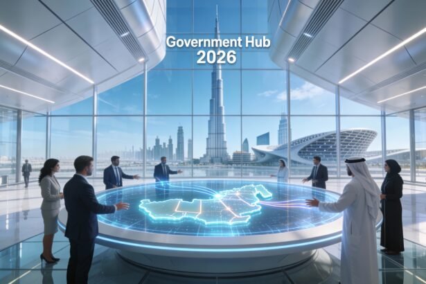 A futuristic digital dashboard displaying the UAE government emblem and a '100% Completed' status bar for the Zero Bureaucracy Programme, set against the Dubai skyline.