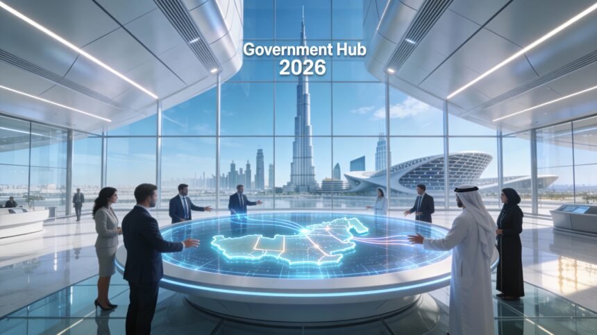 A futuristic digital dashboard displaying the UAE government emblem and a '100% Completed' status bar for the Zero Bureaucracy Programme, set against the Dubai skyline.