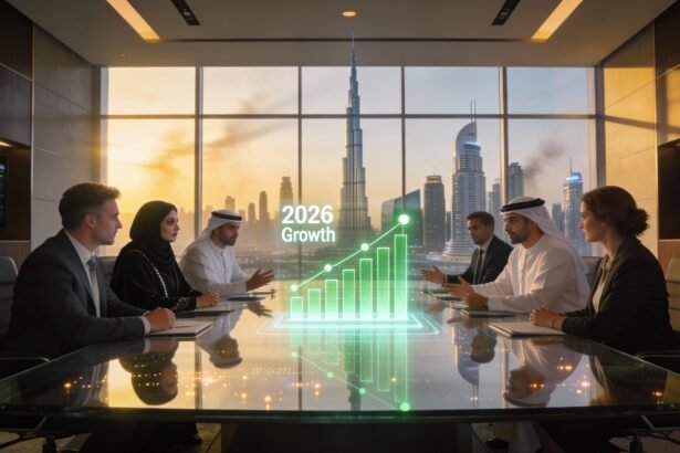 A corporate boardroom meeting discussing UAE Emiratisation 2026 rules and workforce strategy.