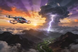 A fleet of autonomous cloud-seeding drones flying over the Hajar Mountains in the UAE, releasing electric charges into storm clouds.