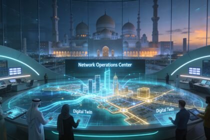 A holographic digital twin of Dubai Marina being manipulated by engineers in a high-tech control room, representing UAE 6G technology capabilities.