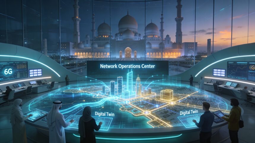 A holographic digital twin of Dubai Marina being manipulated by engineers in a high-tech control room, representing UAE 6G technology capabilities.